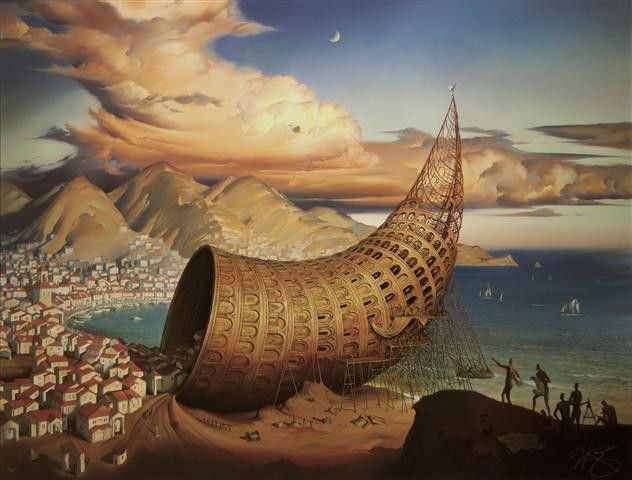 After Vladimir Kush, (Russian, b. 1965), Horn of B: After Vladimir Kush (Russian, b. 1965) Horn of Babel print on canvas edition 14/250, signed Vladimir Kush (lower right) 37 1/2 x 49 inches.