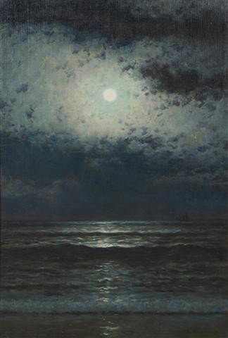 Lars Jonson Haukaness, (American, 1862-1929), Moon: Lars Jonson Haukaness (American, 1862-1929) Moonlight Seascape oil on canvas signed (lower right) 30 x 20 inches. Property from the Estate of Naomi T. Borwell, Chicago, Illinois