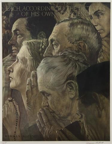 Norman Rockwell, (American, 1894-1978), Freedom to: Norman Rockwell (American, 1894-1978) Freedom to Worship lithograph A/P, signed Norman Rockwell (lower right) 28 x 21 3/4 inches.