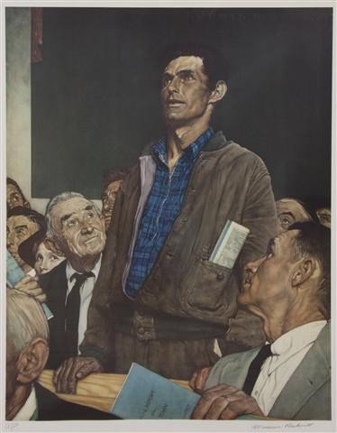 Norman Rockwell, (American, 1894-1978), Freedom of: Norman Rockwell (American, 1894-1978) Freedom of Speech lithograph A/P, signed Norman Rockwell (lower right) 27 3/4 x 22 inches.