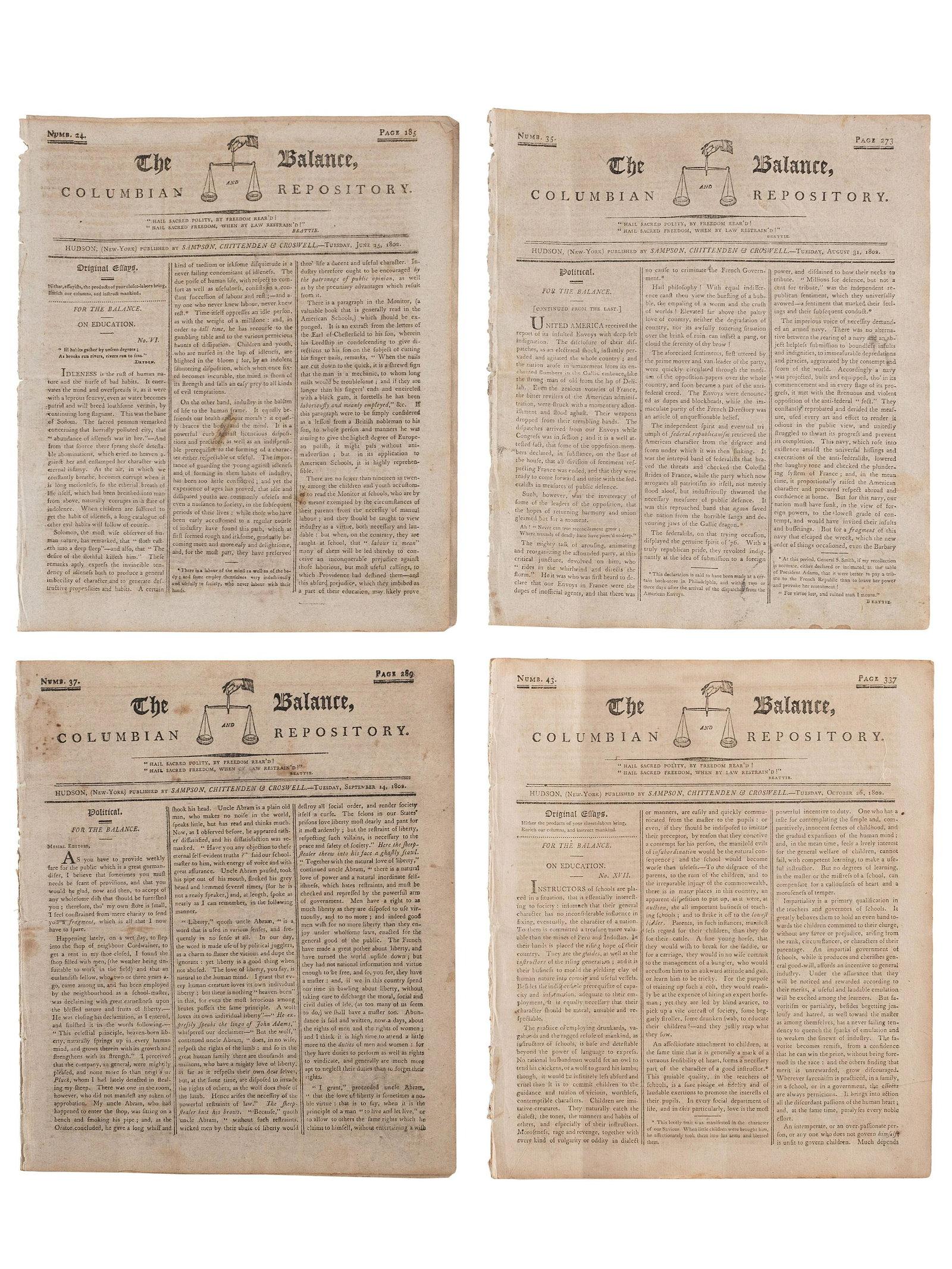 [SLAVERY & ABOLITION]. Advertisements for the return of: [SLAVERY & ABOLITION]. Advertisements for the return of freedom seekers published in 13 issues of The Balance, and Columbian Repository. Nos. 20-43. Hudson, NY: Sampson, Chittenden & Croswell. 18 May-