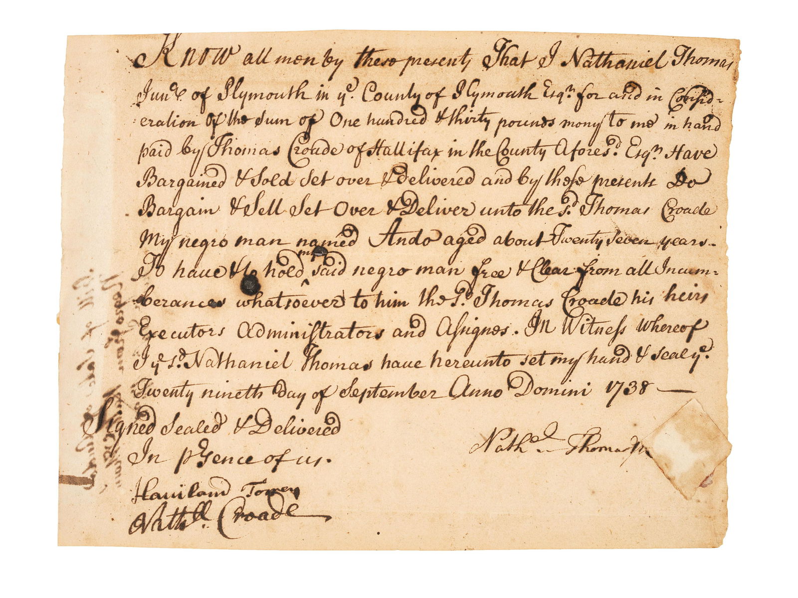 [SLAVERY & ABOLITION]. Manuscript bill of sale for an (1 of 2)