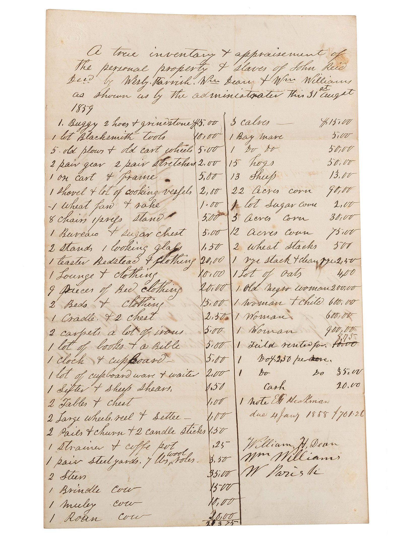 [SLAVERY & ABOLITION]. Manuscript inventory of: [SLAVERY & ABOLITION]. Manuscript inventory of plantation property and enslaved individuals from the estate of John Reid, Madison County, KY, 31 August 1859. 1p, 7 7/8 x 11 7/8 in. Creased, with some 