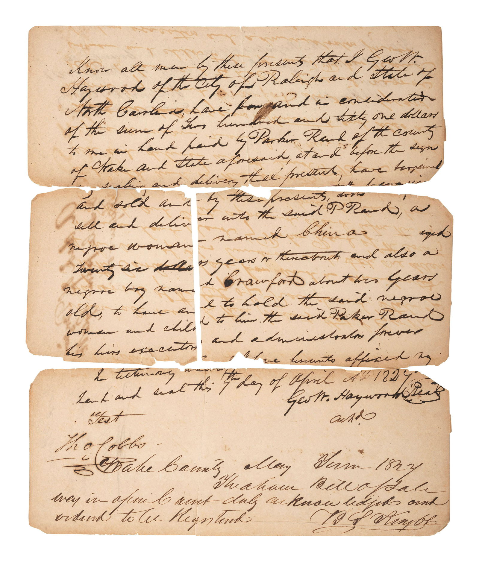 [SLAVERY & ABOLITION]. Manuscript bill of sale for (1 of 2)