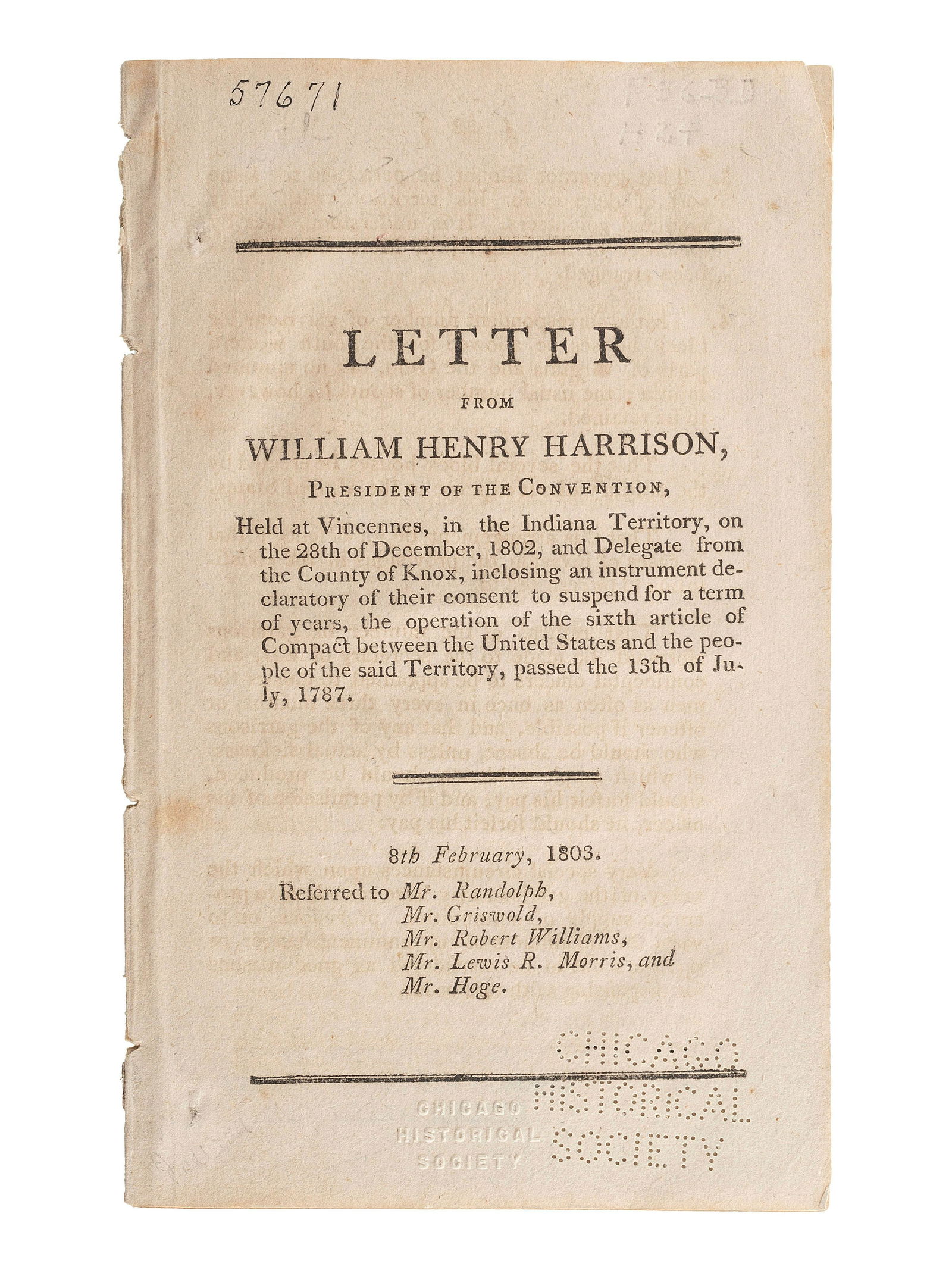 [HARRISON, William Henry (1773-1841)]. A group of (1 of 7)