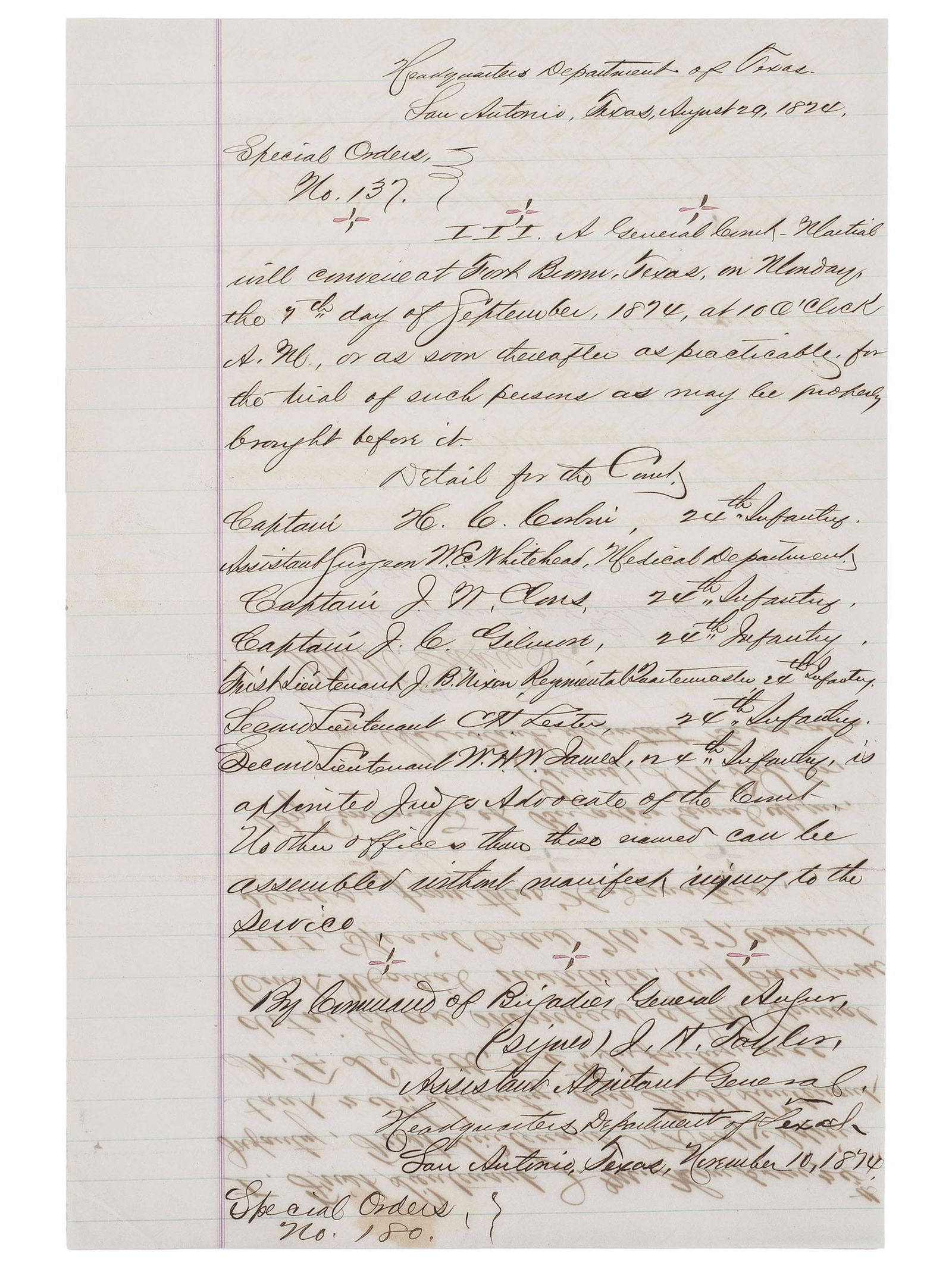 [BUFFALO SOLDIERS]. Special Orders commanding officers (1 of 2)