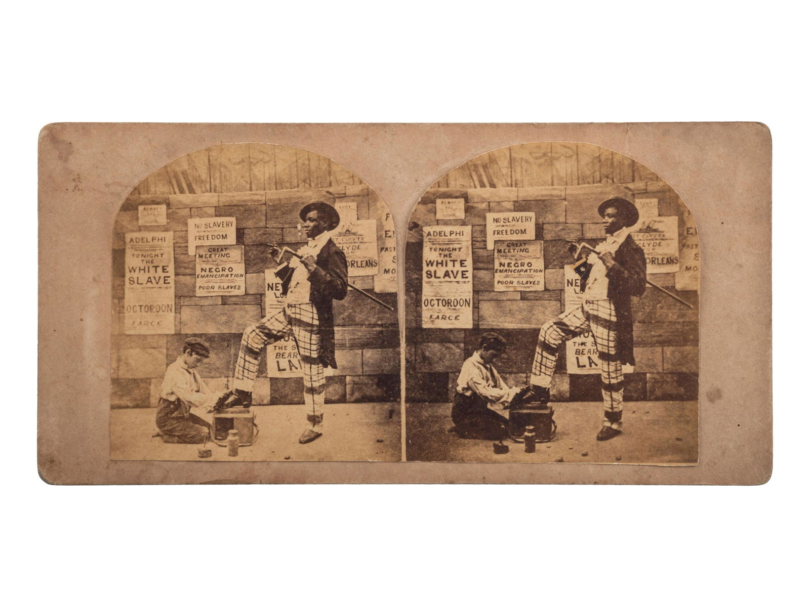 [SLAVERY & ABOLITION]. The White Slave.: [SLAVERY & ABOLITION]. The White Slave. Philadelphia: William Harrison, ca 1880s. 5 1/2 x 3 in. stereoview on cardstock mount (each albumen print partially separated from mount; light wear and s
