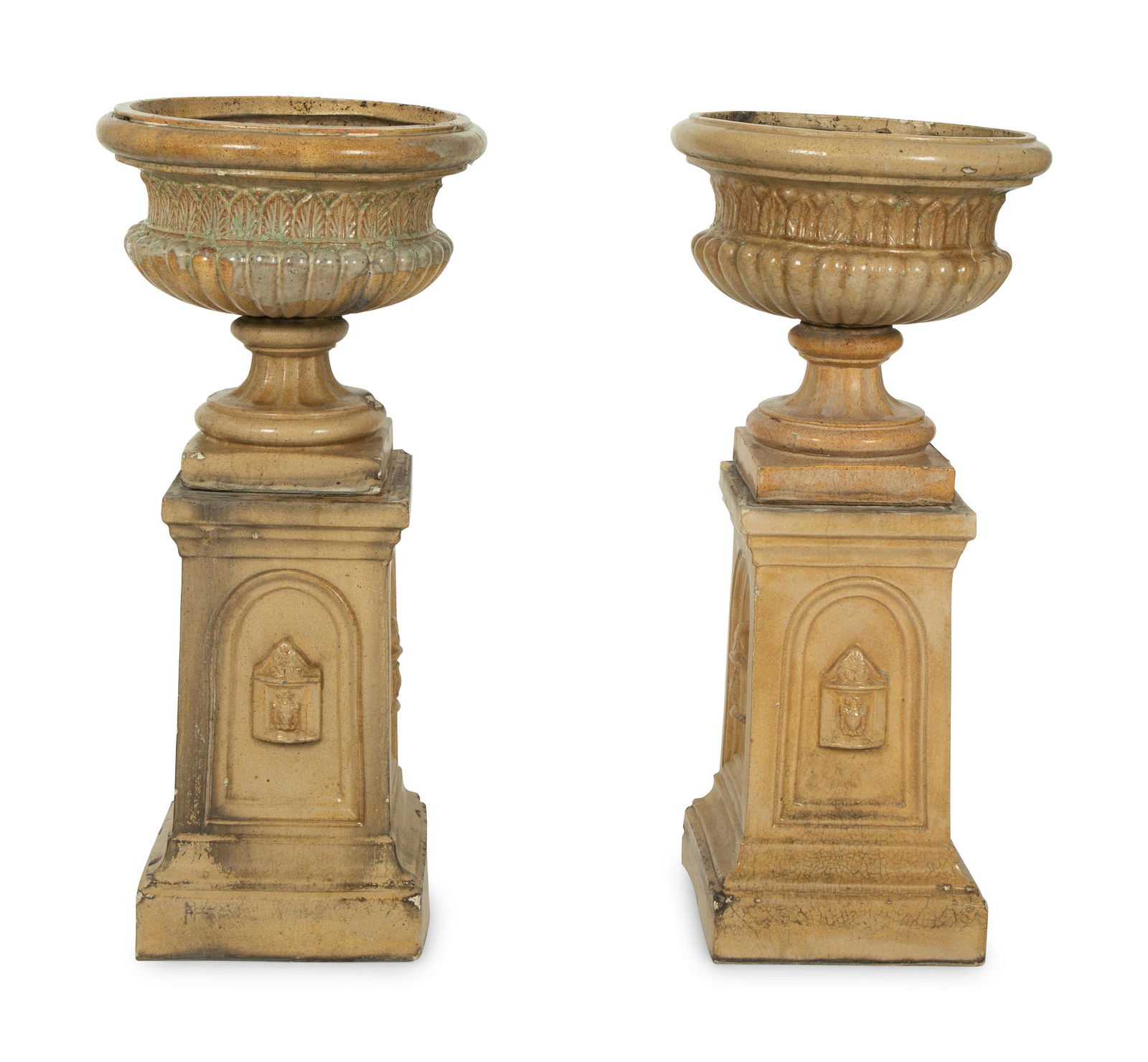 A Pair of Continental   Ceramic Urns on Pedestals (1 of 5)