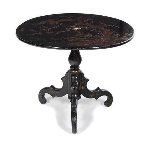 A Victorian Japanned Tilt-Top Low Table, Height 22 : A Victorian Japanned Tilt-Top Low Table, mid-19th century, having an oval top above the baluster standard, raised on a tripartite base. Height 22 x width 33 x depth 28 inches. Property from the Willia