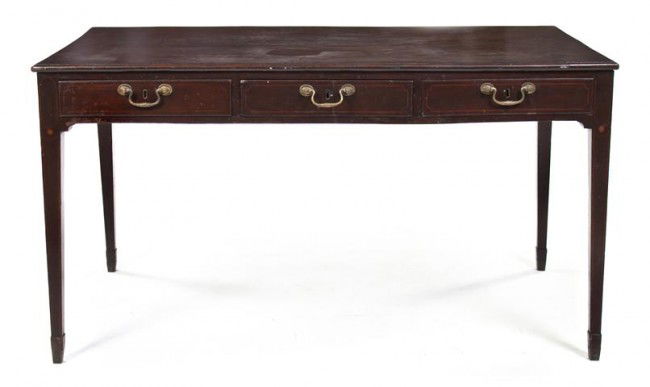 A George III Inlaid Mahogany Library Table, Height: A George III Inlaid Mahogany Library Table, late 18th century, having a rectangular top over the opposing plain friezes set with three drawers each, raised on square tapering legs ending in spade feet