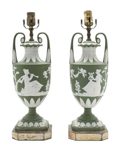 A Pair of Jasperware Urns, Height of urn 14 3/4 in: A Pair of Jasperware Urns, of handled baluster form, having Neoclassical decoration throughout, raised on a square foot with canted corners, mounted as lamps. Height of urn 14 3/4 inches.