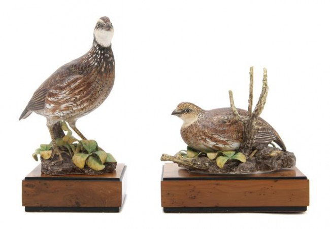 A Pair of Royal Worcester Porcelain Bob-White Quai: A Pair of Royal Worcester Porcelain Bob-White Quails, designed by R. Van Ruyckevelt. Height of taller overall 7 5/8 inches. Property of a Lady, Oakbrook, Illinois