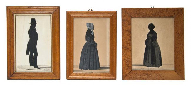 Two Full Length Cut and Paste Silhouettes, Hubbard: Two Full Length Cut and Paste Silhouettes, Hubbard Gallery, the first depicting a young lady in a standing pose with arms crossed, the second depicting a gentleman in a standing pose wearing a top hat