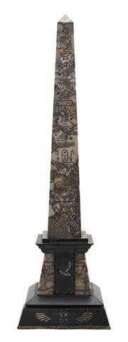 An American Egyptian Revival Marble and Slate Obel: An American Egyptian Revival Marble and Slate Obelisk, the whole decorated with hieroglyphs, raised on a tapering square base. Height 21 1/2 inches.
