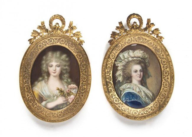 Two Continental Portrait Miniatures, Height 5 1/4 : Two Continental Portrait Miniatures, each depicting a lady, one signed Labbe the other Abel, set in conforming gilt metal frames. Height 5 1/4 inches.