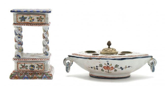 Two French Faience Articles, Height of taller 6 in: Two French Faience Articles, comprising a diminutive chest and an inkwell, each having gilt metal mounts. Height of taller 6 inches.