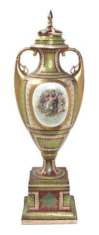 A Royal Vienna Lidded Urn, Height 37 1/4 inches.: A Royal Vienna Lidded Urn, I The Quarrel and II Titania's Favorite, of baluster handled form, decorated with classical scenes, having shield mark, stamped Austria. Height 37 1/4 inches. Proper