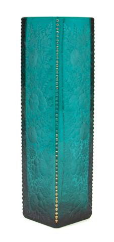 A Continental Engraved and Gilt Decorated Vase, He: A Continental Engraved and Gilt Decorated Vase, in turquoise glass, the vase of square form with allover floral engraving. Height 12 1/2 inches. Property from a Southeast Michigan Collector