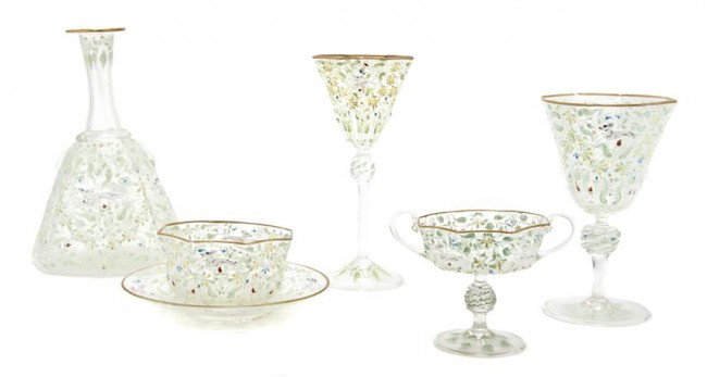 A Partial Set of Enameled Venetian Glass Stemware,: A Partial Set of Enameled Venetian Glass Stemware, comprising 2 decanters, 4 wines, 8 waters, 10 bowls, 3 sorbets and 17 saucers. Height of first 8 5/8 inches. Property from the William H. Moore Trust