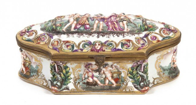 A Capodimonte Porcelain Table Casket, Width 11 3/4: A Capodimonte Porcelain Table Casket, of shaped oval form, decorated with classical figures in relief, having crowned N mark in underglaze blue. Width 11 3/4 inches.
