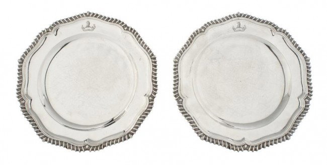 A Pair of English Silver Plates, Andrew Fogelberg,: A Pair of English Silver Plates, Andrew Fogelberg, London, 1779, of shaped circular form with gadrooned edges; approximate total weight 40.43 ozt. Diameter 9 1/2 inches.