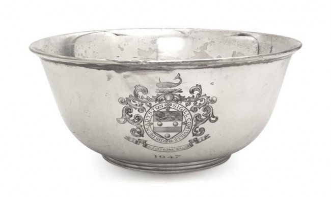 An American Sterling Silver Bowl, Retailed by Geor: An American Sterling Silver Bowl, Retailed by Georg Jensen, of circular form; approximate weight 24.85 ozt. Diameter 9 3/4 inches. Property from the William H. Moore Trust, Hobe Sound, Florida