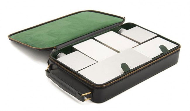 A Set of American Sterling Silver Toiletry Boxes,: A Set of American Sterling Silver Toiletry Boxes, Tiffany & Co., each of rectangular form, together with a pair of aluminum bottles and a set of manicure tools, set in an Hermes fitted leather case; a