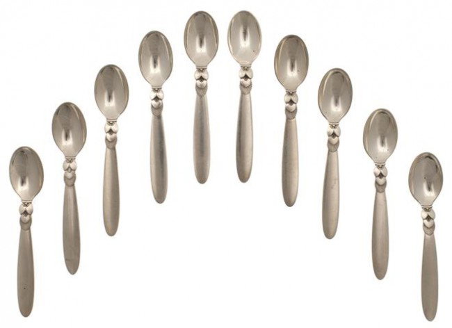 A Set of Ten Danish Silver Demitasse Spoons, Georg: A Set of Ten Danish Silver Demitasse Spoons, Georg Jensen, approximate total weight 4.59 ozt. Length 4 13/16 inches. Property from the William H. Moore Trust, Hobe Sound, Florida