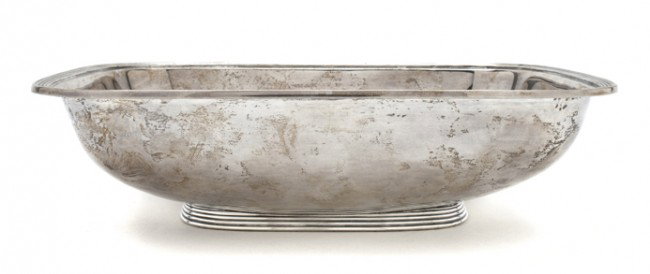 An Italian Silver Footed Bowl, Buccellati, Width 8: An Italian Silver Footed Bowl, Buccellati, of rectangular form, with rounded corners and having a reeded rim raised on a conforming foot; approximate total weight 14.77 ozt. Width 8 1/2 inches.