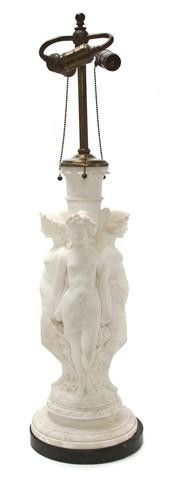 An Alabaster Figural Lamp, Height overall 31 1/2 i: An Alabaster Figural Lamp, depicting four draped female nudes, raised on a stepped circular base. Height overall 31 1/2 inches.