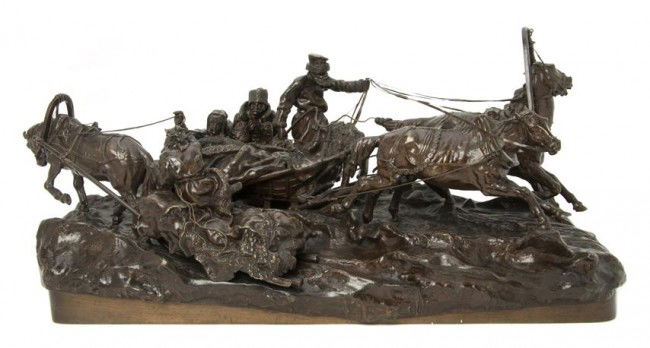 A Russian Bronze Figural Group, Vasilii Grachev (1: A Russian Bronze Figural Group, Vasilii Grachev (1831-1905), depicting a three horse troika passing a peasant's sled being pulled by a single horse travelling in the opposite direction raised on a nat