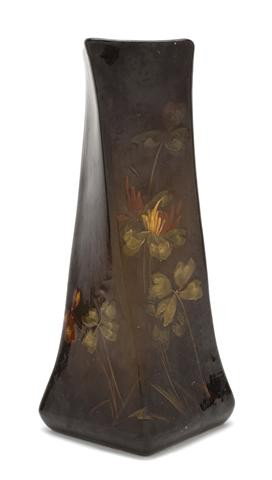 An American Pottery Vase, Roseville, Rozane Ware,: An American Pottery Vase, Roseville, Rozane Ware, of square twist form, decorated with clover, signed H. Pillsbury. Height 9 3/4 inches.