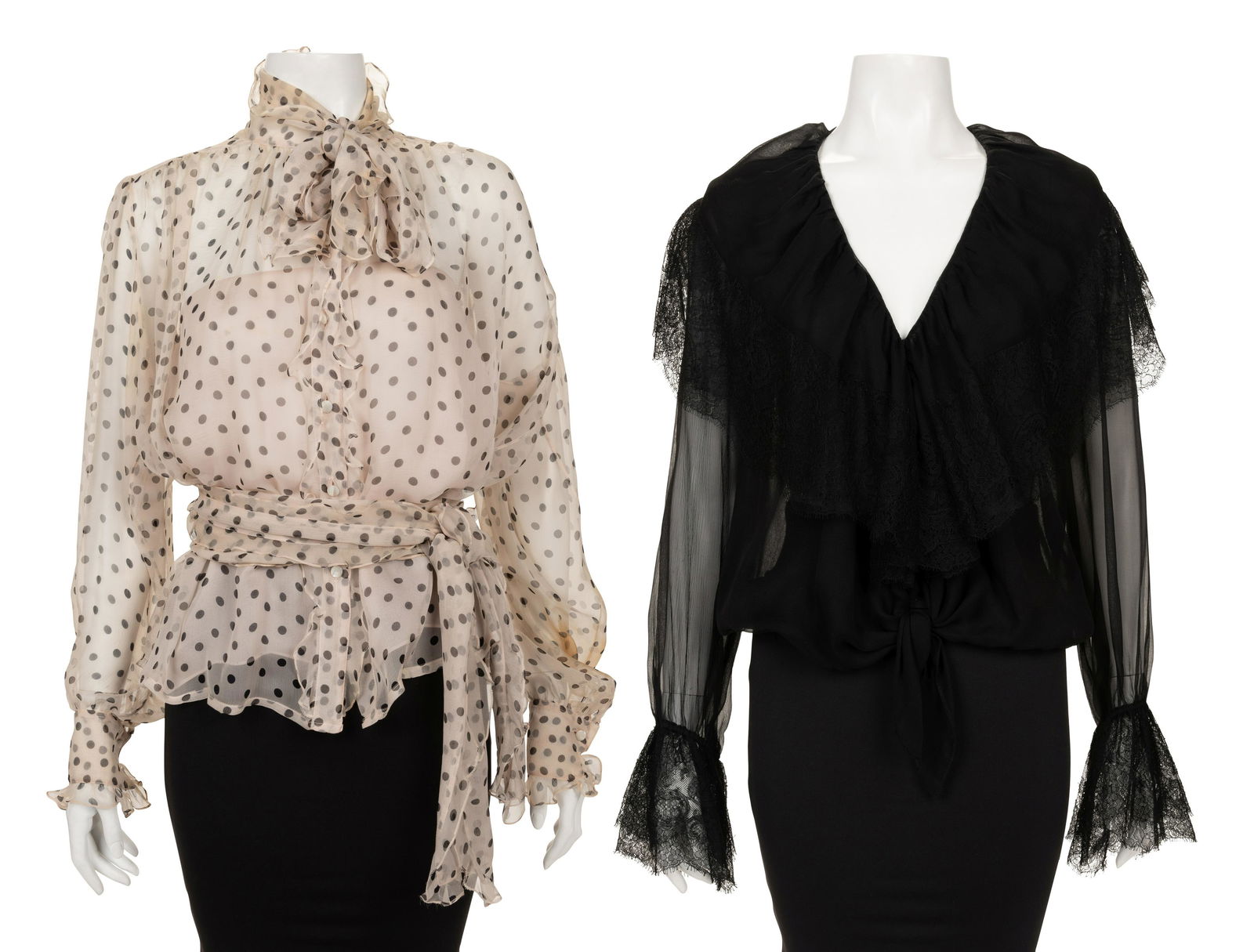 Two Chanel Tops, 1990-2000s: Two Chanel Tops, 1990-2000s This lot includes two blouses. THE FIRST Black and white polka-dot silk chiffon long sleeve tie-neck blouse with front button closure and matching scarf. A second detached