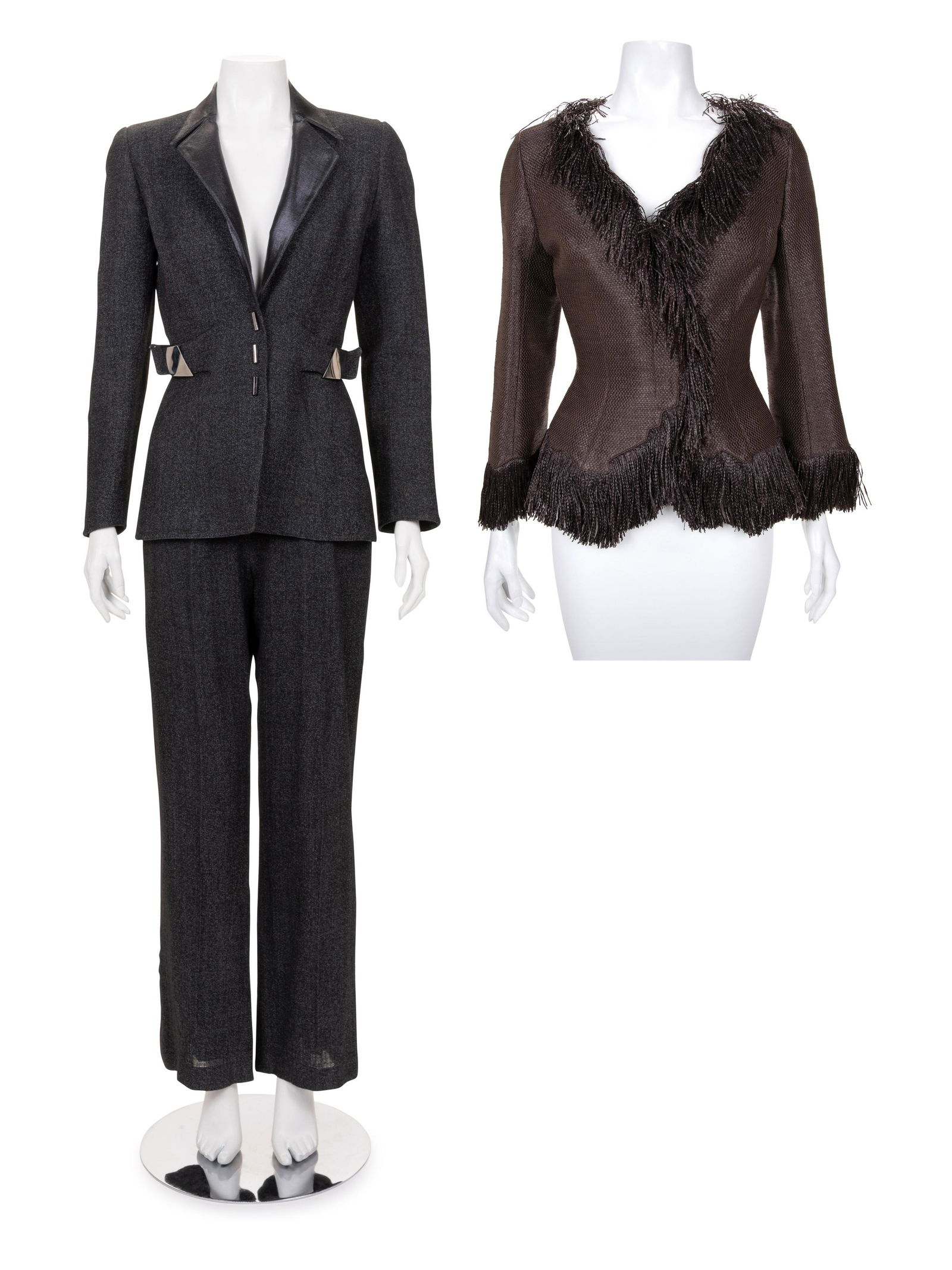 Three Thierry Mugler Pieces: One Pant Suit and One: Three Thierry Mugler Pieces: One Pant Suit and One Jacket, 1980-90s This lot includes one two-piece pant suit and one jacket. THE FIRST Dark gray linen/nylon blend two-piece pant suit including a fitt
