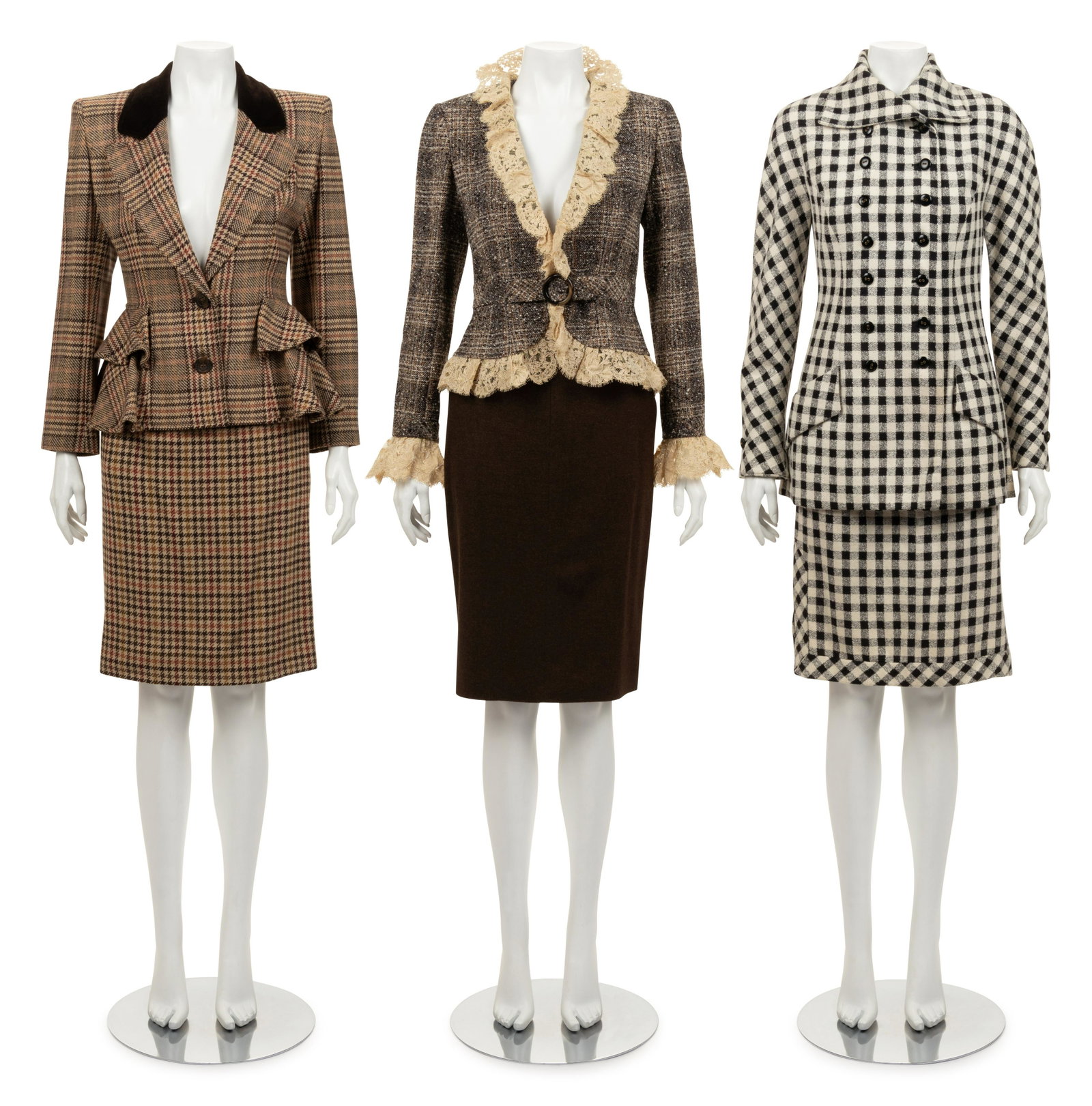 Three Designer Skirt Ensembles: Valentino, Chanel,: Three Designer Skirt Ensembles: Valentino, Chanel, 1980-2000s This lot includes three two-piece skirt ensembles. THE FIRST Brown black and cream wool tweed jacket trimmed with a lace flounce around th