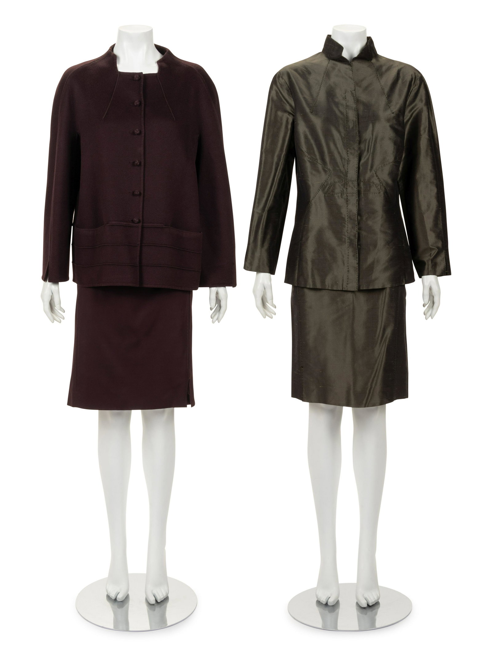 Two Chado Ralph Rucci Skirt Suits, 2000-10s: Two Chado Ralph Rucci Skirt Suits, 2000-10s This lot includes two two-piece skirt ensembles. THE FIRST Dark wine cashmere skirt ensemble including a box cut jacket with stitched pin tuck detail, built