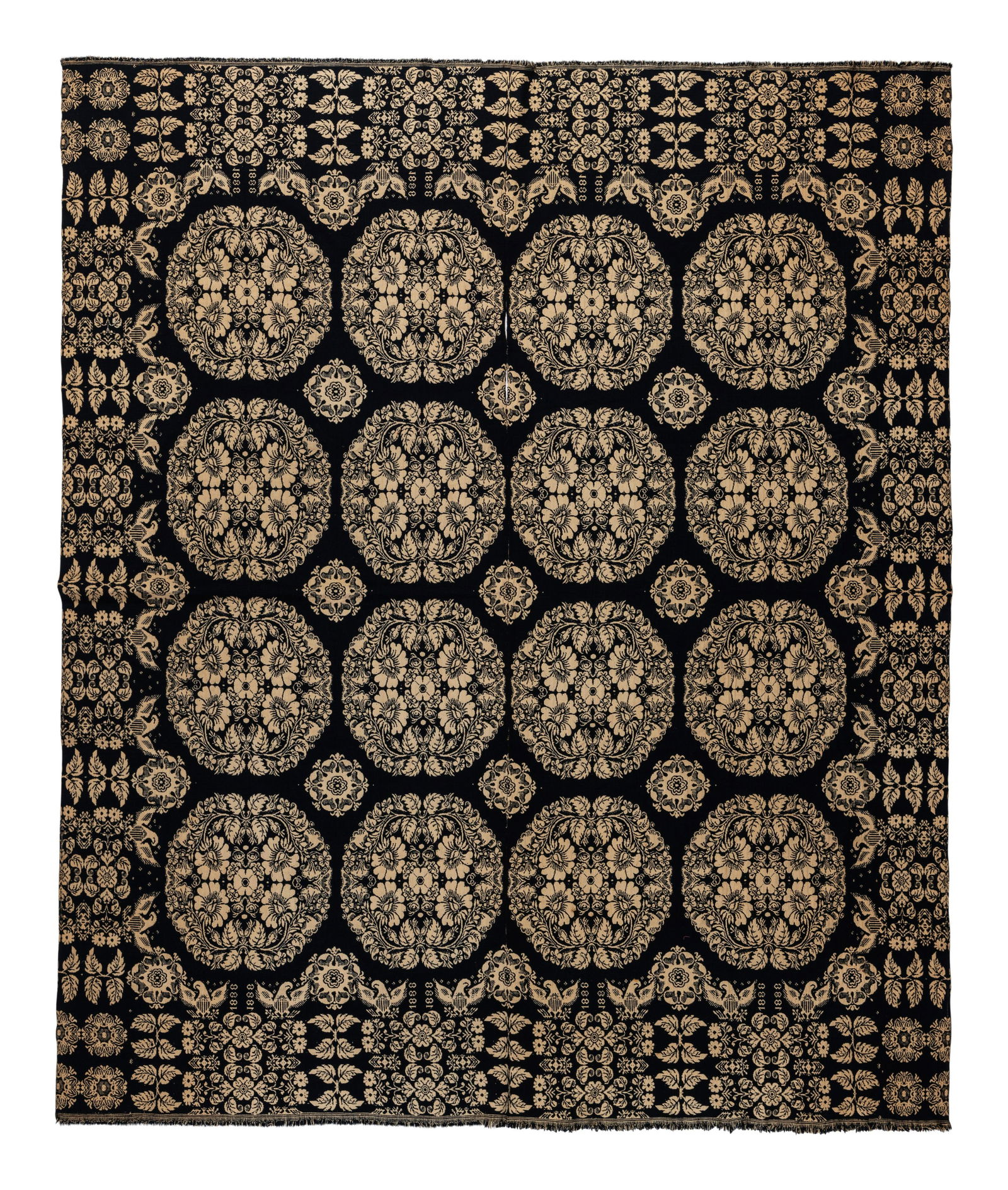 A Flower Medallion, Eagle and Shield Jacquard Coverlet (1 of 2)