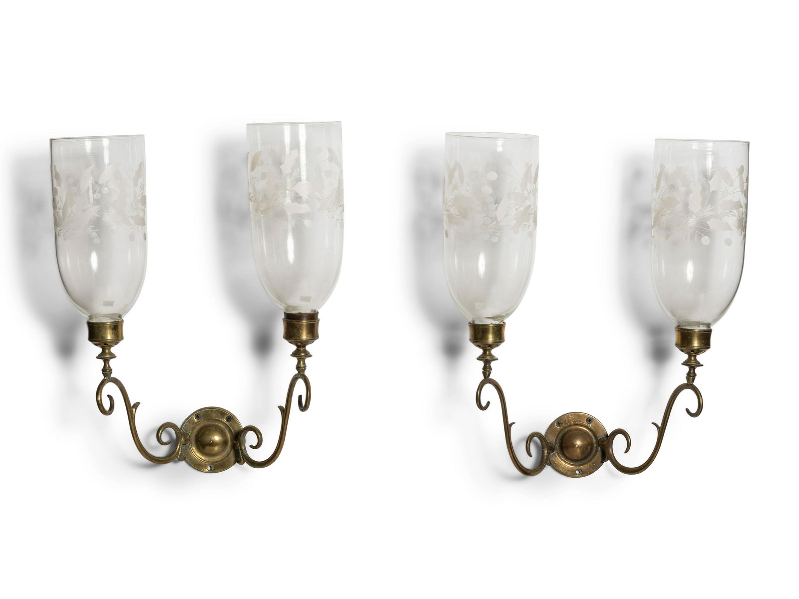 A Pair of Classical Brass and Etched Hurricane Glass (1 of 1)