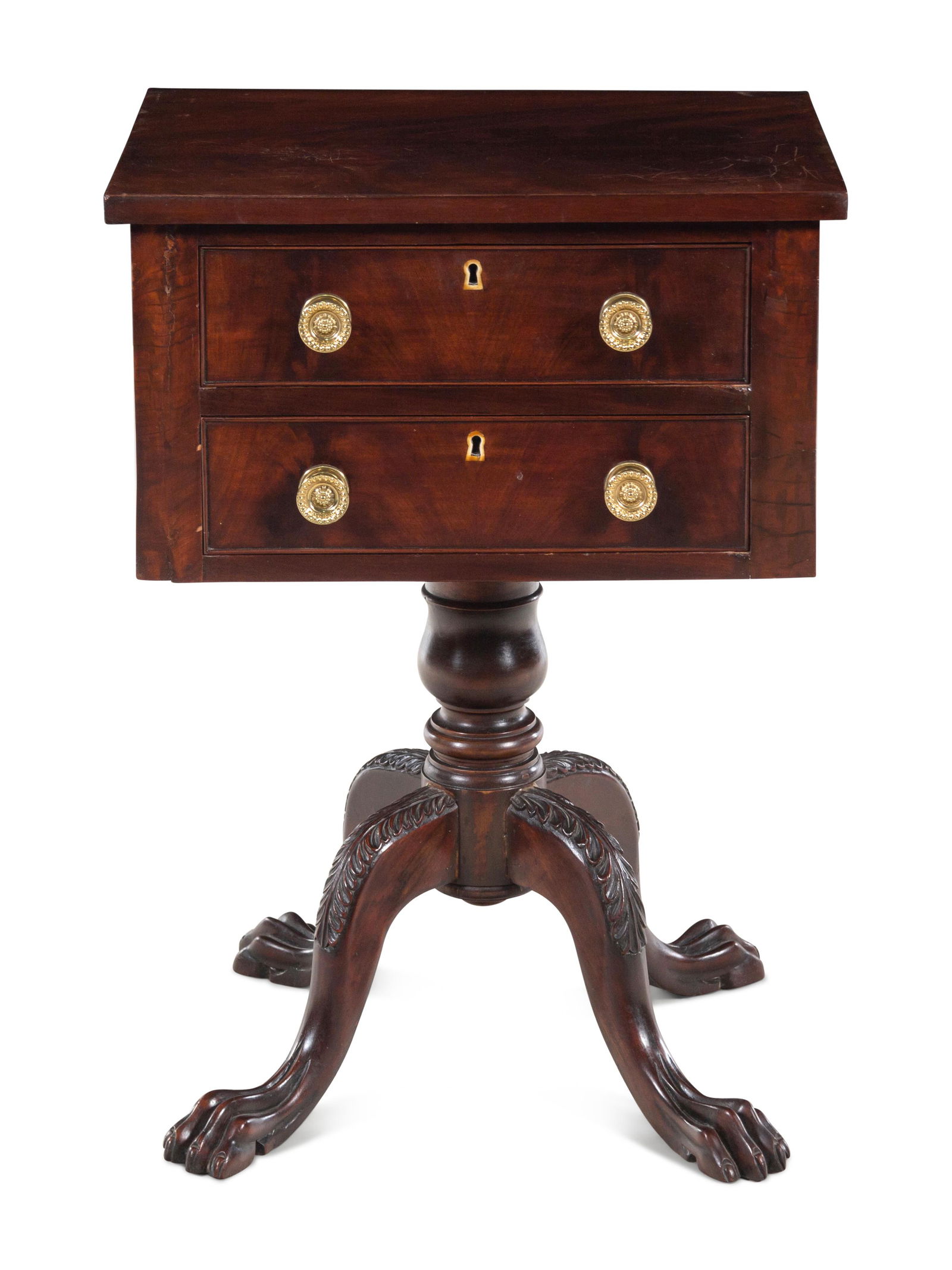 A Late Classical Carved and Figured Mahogany Work Table: A Late Classical Carved and Figured Mahogany Work Table In the manner of Duncan Phyfe, Mid-Atlantic States, Circa 1830 Height 29 3/4 x width 21 1/2 x depth 16 1/4 inches.