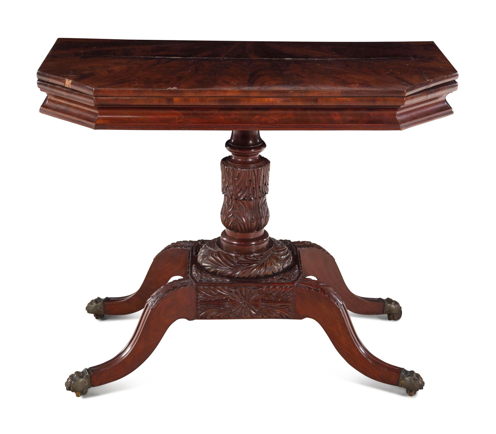 A Classical Carved and Figured Mahogany Octagonal Top: A Classical Carved and Figured Mahogany Octagonal Top Card Table In the manner of Duncan Phyfe, Mid-Atlantic States, Circa 1810 Height 28 3/4 x width 30 1/4 x depth 18 1/2 inches (closed).