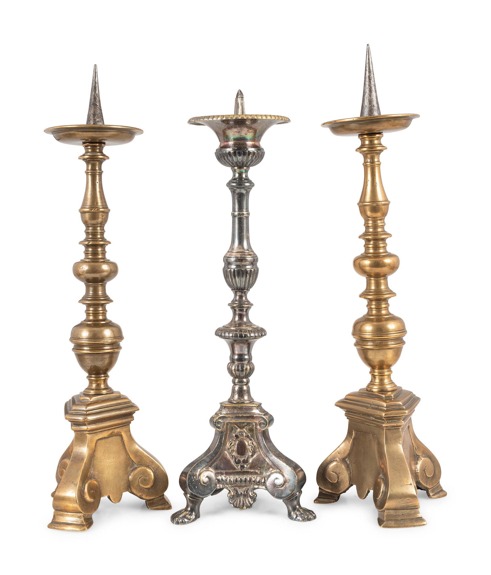 A Pair of Continental Brass Tripod Base Pricket Sticks (1 of 3)