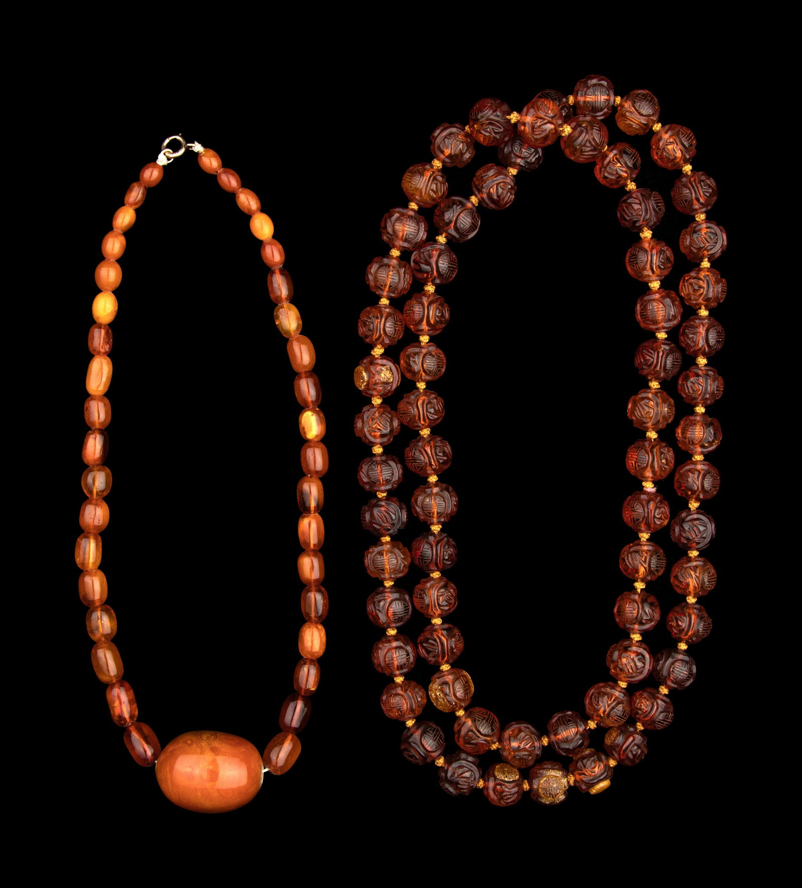 Two Chinese Amber Beaded Necklaces Length of longer 35 in,. 89 cm. (1 of 3)