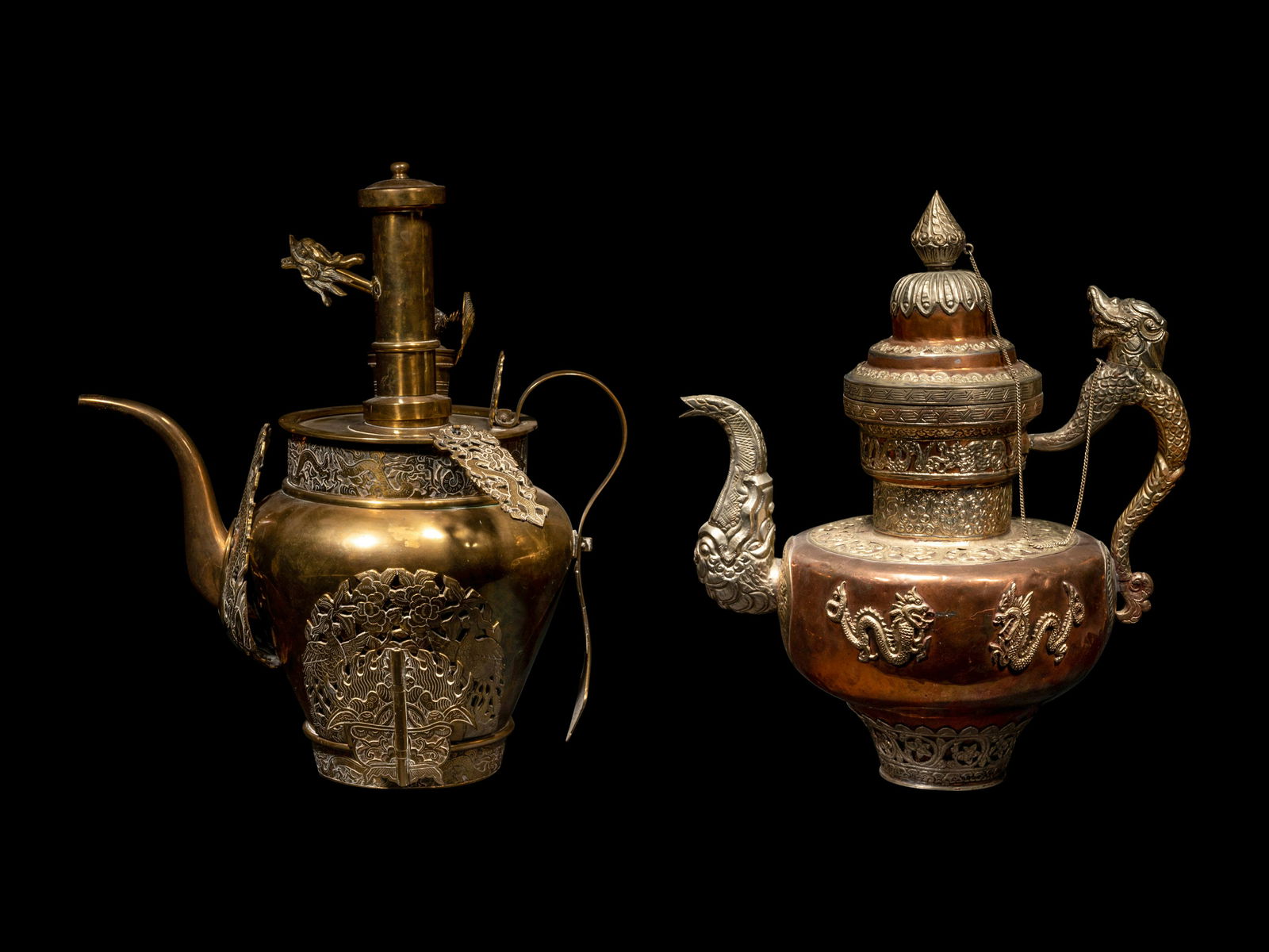 A Tibetan Silver and Copper Covered Ewer and A Chinese Bronze Pitcher Height of taller 19 in., 48.3 (1 of 13)
