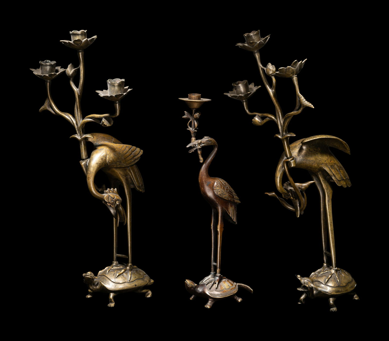 Three Chinese Bronze 'Turtle and Crane' Candle Holders Height 16 in., 40.6 cm. (1 of 5)