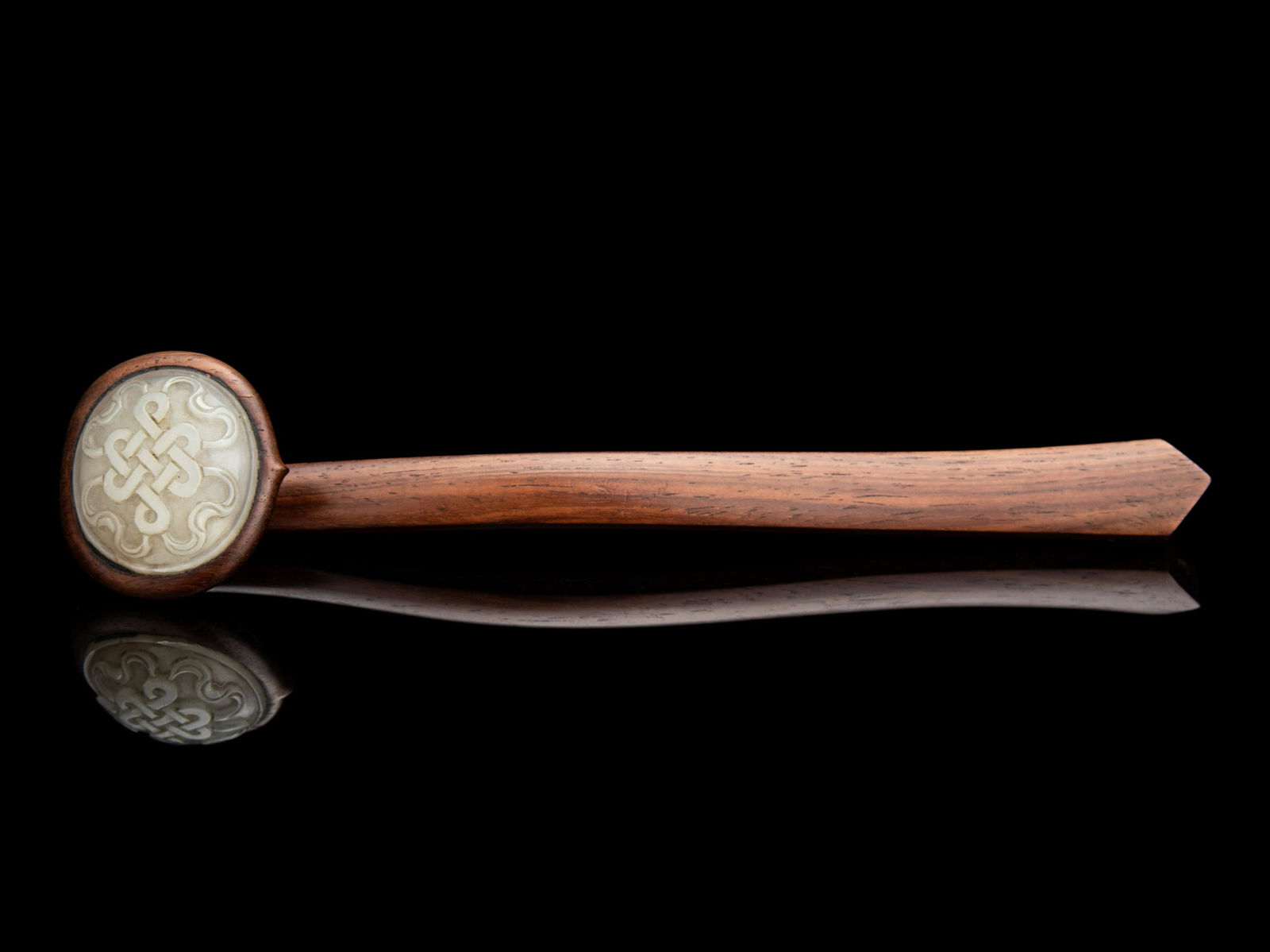 A Chinese Grey Jade Inset Hardwood Ruyi Scepter Length 8 3/4 in., 22.2 cm. (1 of 4)