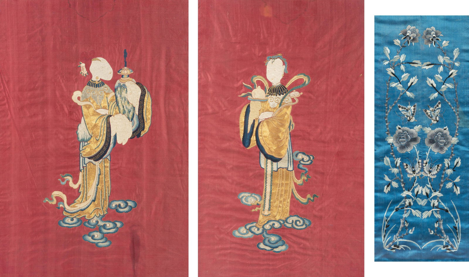 Three Chinese Silk Embroidered Panels Visible height of largest 25 1/2 in., 64.7 cm. (1 of 9)