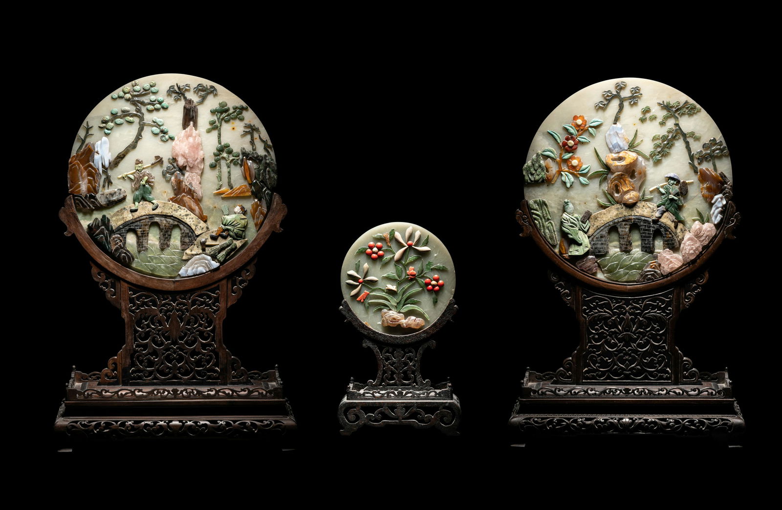 Three Chinese Hardstone Inset Serpentine Table Screens Total height of largest 21 1/2 in., 54.5 cm. (1 of 13)