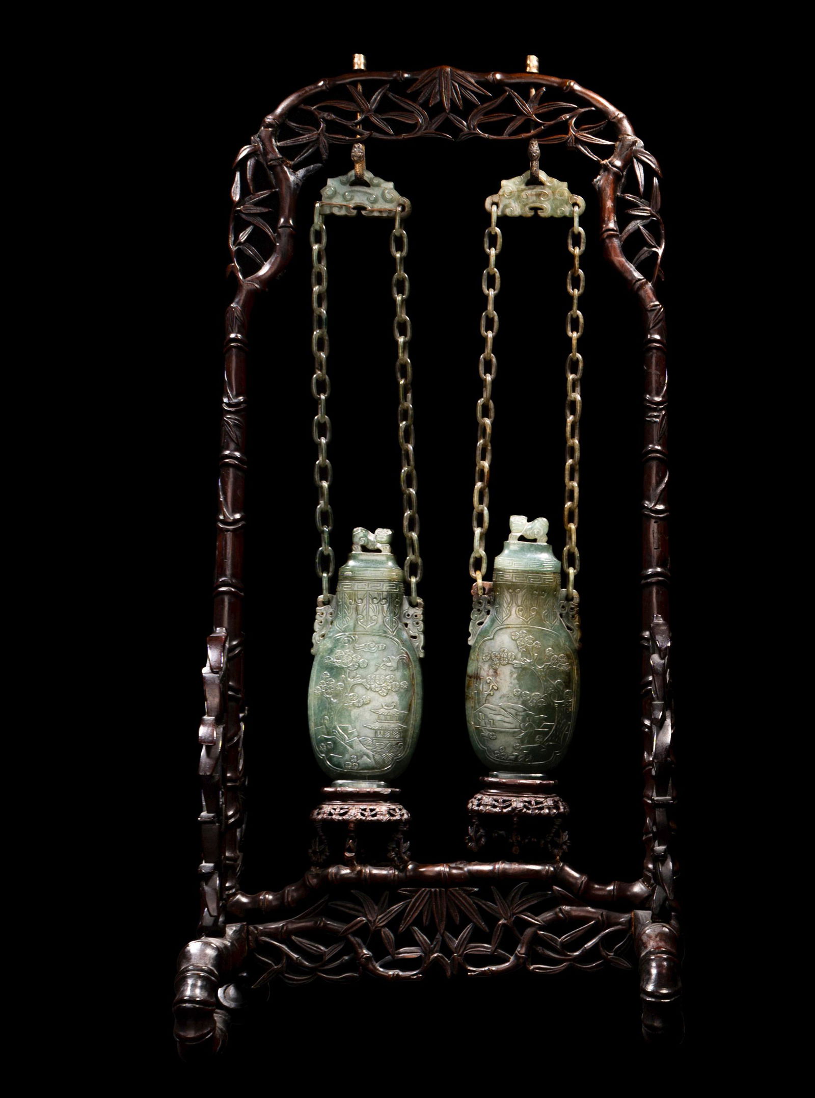 A Pair of Chinese Spinach Jade Covered Vases Height 17 1/4 in., 43.8 cm. (1 of 3)
