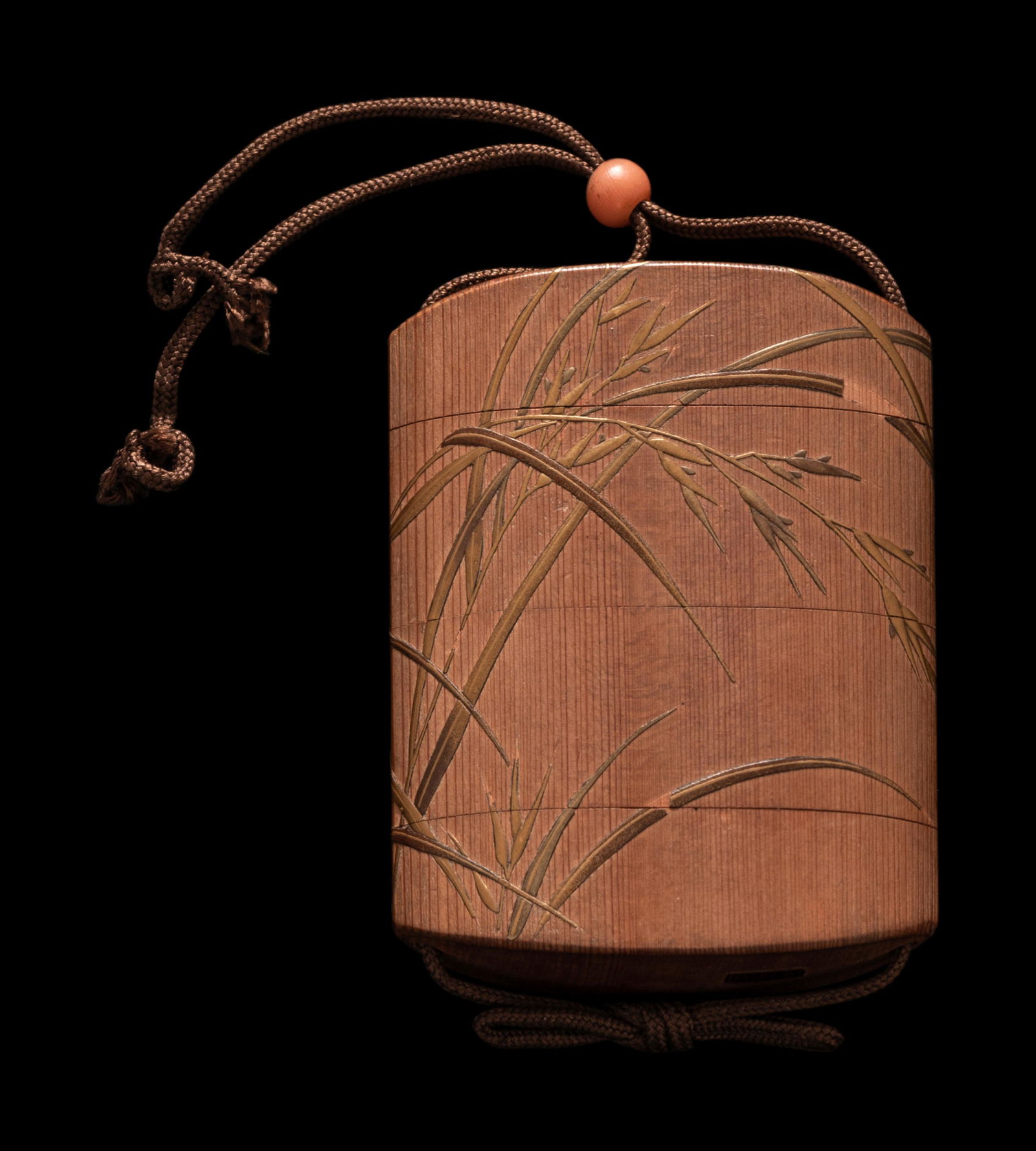 A Japanese Gold Decorated Wood Three-Case Inro Length 3 in., 7.5 cm. (1 of 6)