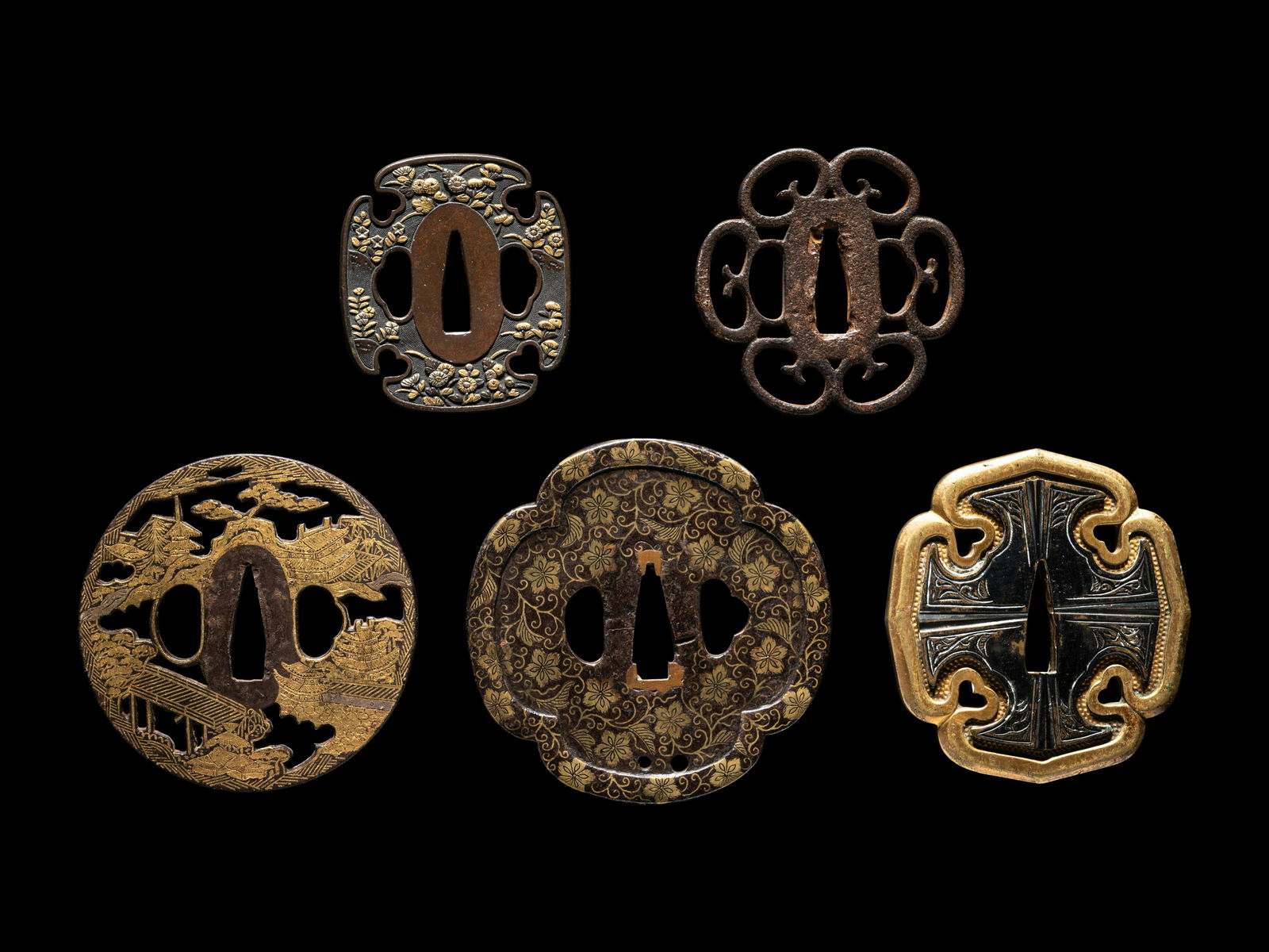 Five Japanese Metal Tsuba Average length 3 1/2 in., 9 cm. (1 of 5)